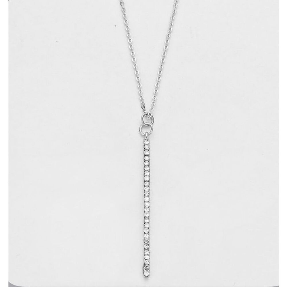 Brand New Womens Boutique Crystal Silver Pave Bar Pendant Necklace